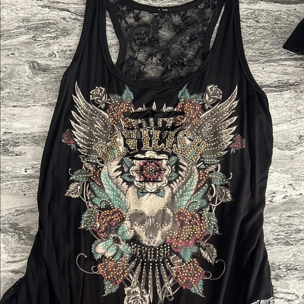 Ed Hardy Black Graphic Embellished Tank Top